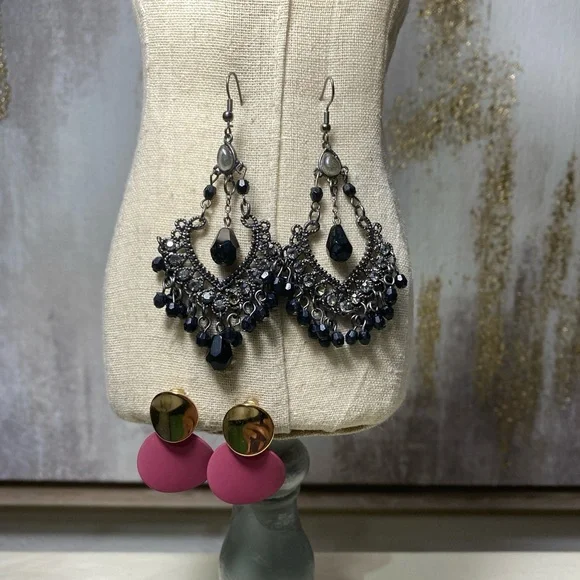 2 Elegant Black and Silver Chandelier and Gold and Burgundy Earrings - Picture 2 of 5